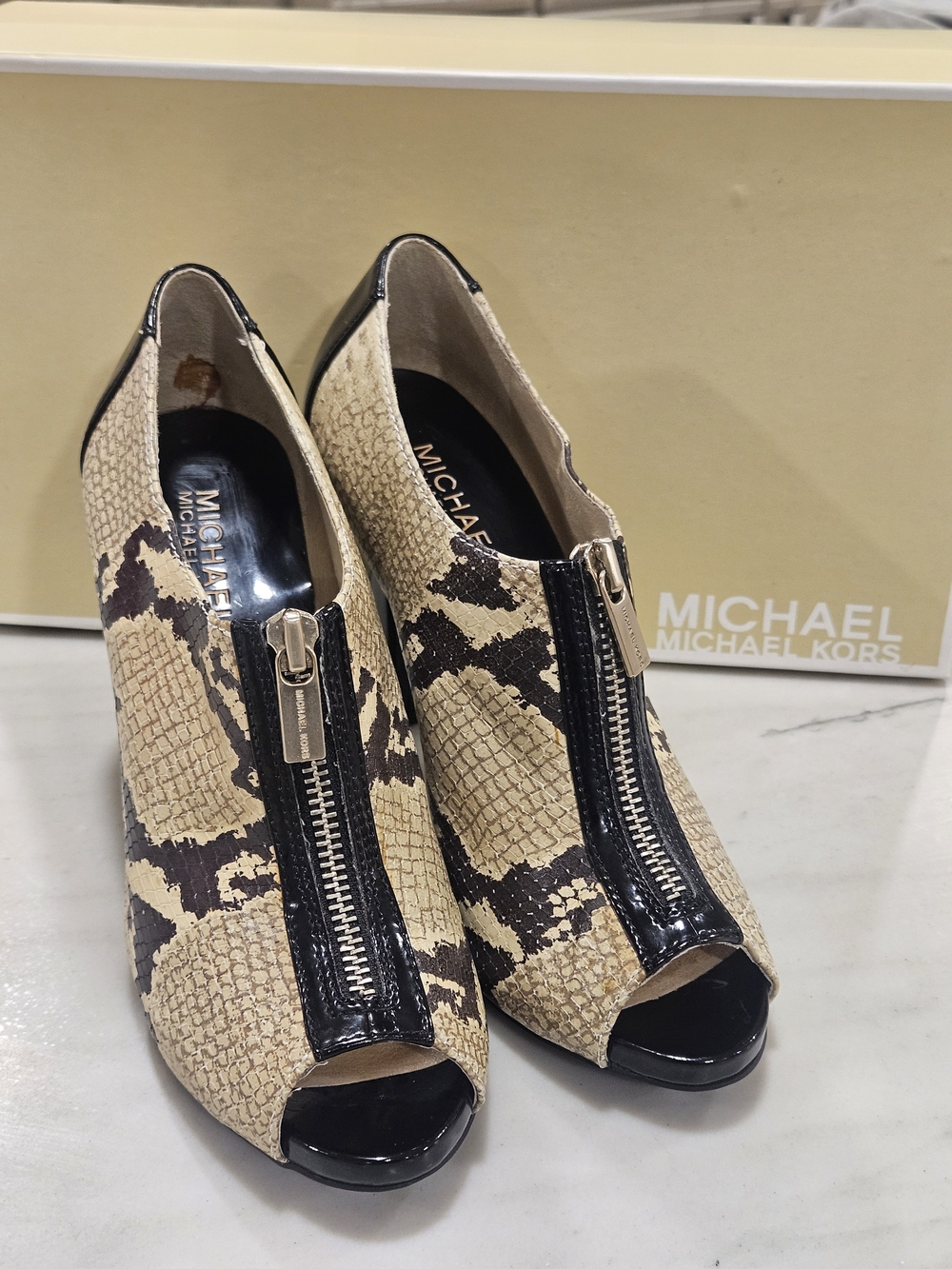 Michael Kors Berkley Snakeskin Print Front Zipper High Heel Booties